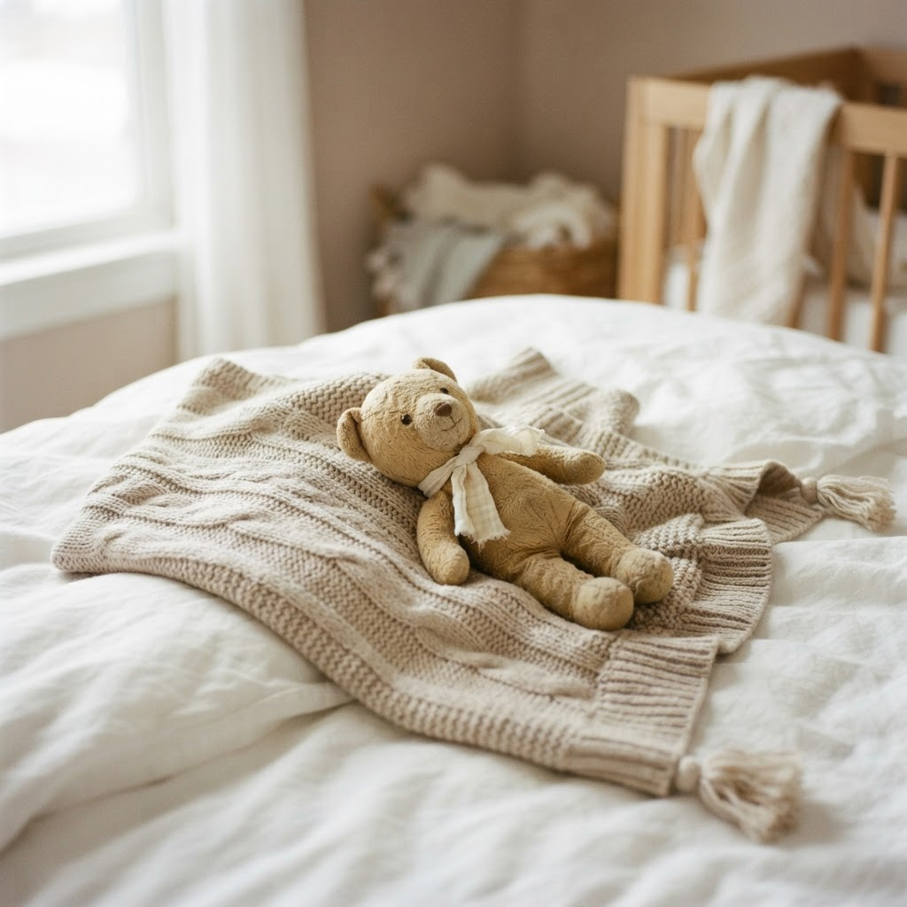 A knitted baby blanket and teddy bear on white bedding.