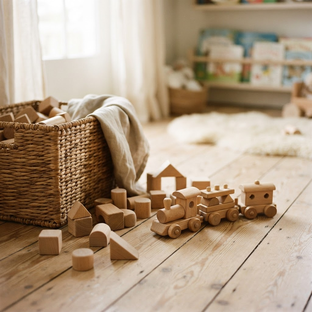 Wooden toy blocks and a toy train beside a woven basket.