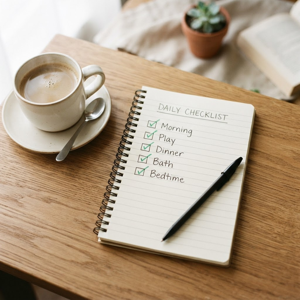 A daily checklist notepad and a cup of coffee on a wood table.
