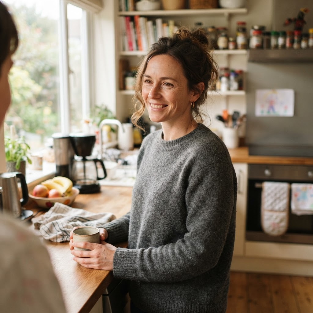 Emily in her kitchen, holding a mug of coffee.