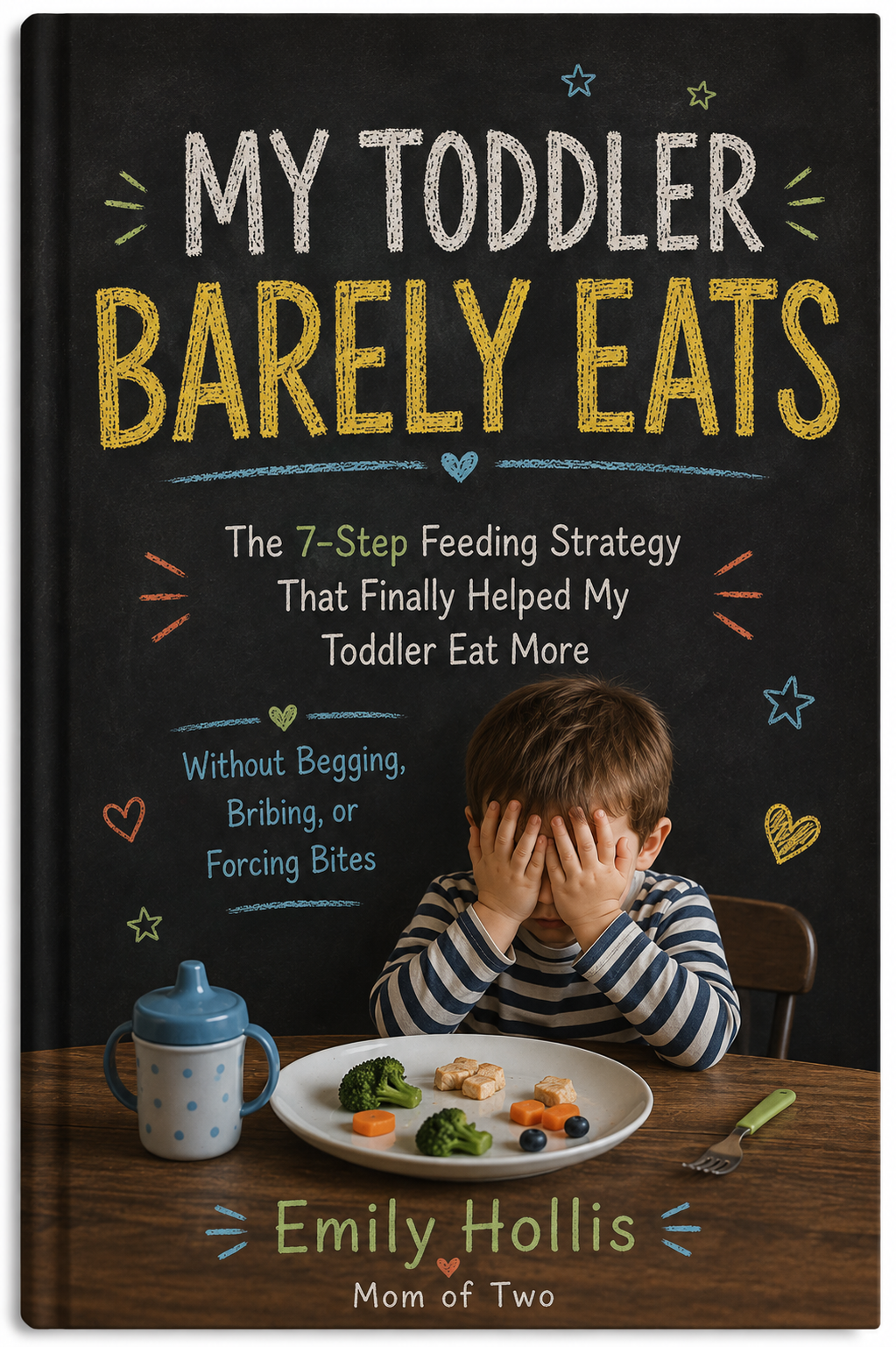 Book cover: "The 7-Step Feeding Strategy That Finally Helped My Toddler Eat More" by Emily Hollis, mom of two.